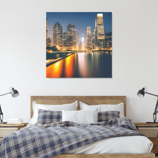 Night Skyline met Full Moon: Digitaal schilderen o Canvas Afdruk (Insitu (Slaapkamer))