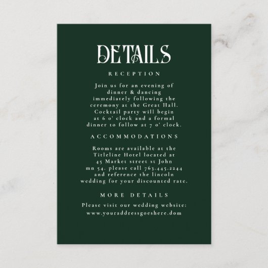 Night Stars Emerald Green Wedding Details Informatiekaartje (Voorkant)