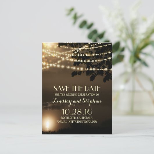 Night String Lights Elegant Save the Date briefkaa Aankondigingskaart (Staand voorkant)