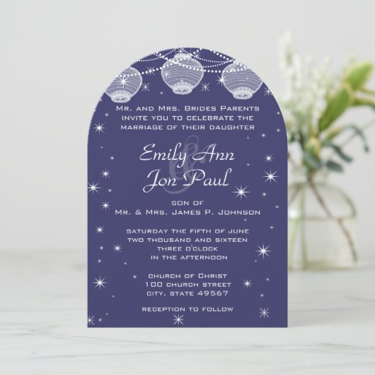 Night Wedding Navy Blue Lantern Stars Garland Kaart (Staand voorkant)