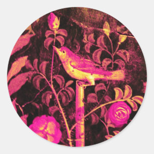 NIGHTINGALE MET ROZEN Roze Fuchsia Yellow Black Ronde Sticker