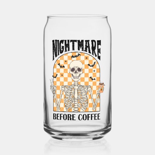 "Nightmare Before Coffee" Retro Skelet Drink Blikvorm Glas (Voorkant)