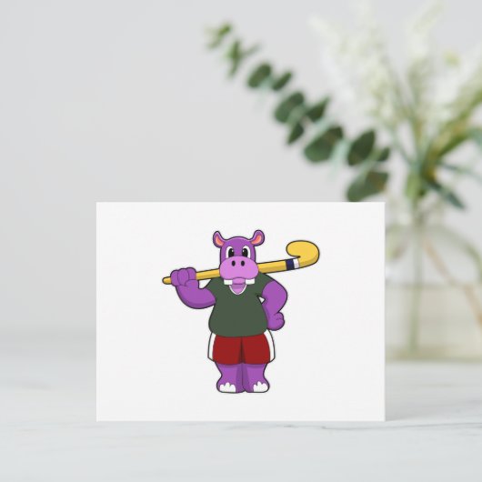 Nijlpaard bij hockey met hockeystick briefkaart (Staand voorkant)