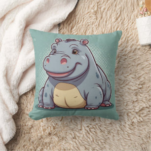 Nijlpaard Grappige Kawaii Blauwe Print Kussen