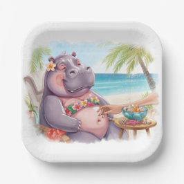 Nijlpaard in bikini ontspant bij het strand papieren bordje