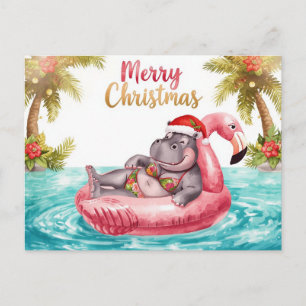 Nijlpaard in Bikini op Kerstzwembadfeestje Feestdagenkaart