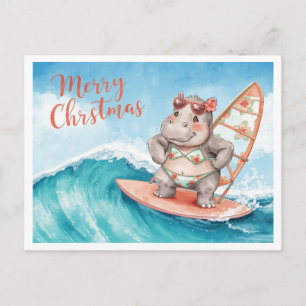 Nijlpaard Surfer op Surfplank op Kerstdienst Feestdagenkaart