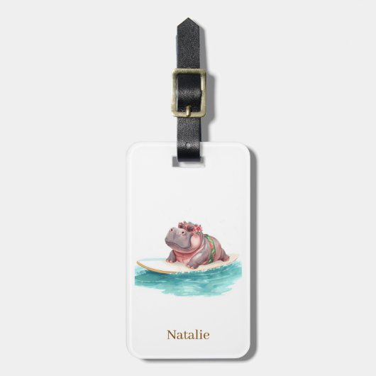 Nijlpaard-surfster op surfplank bagagelabel (Voorkant verticaal)