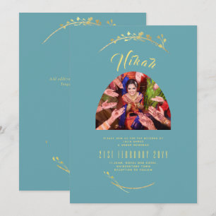 NIKAH Blauwgroen Gold PHOTO Islamic Wedding Invita Kaart