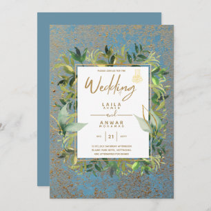 NIKAH - Blue Gold Islamic Wedding Invitations Kaart