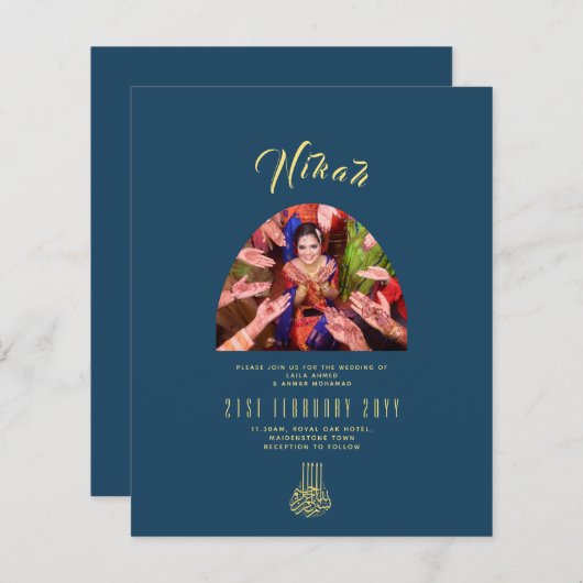 NIKAH Blue Gold PHOTO Wedding Invitation (Voorkant / Achterkant)