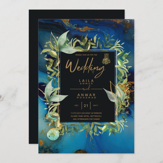 NIKAH - Invitations de mariage islamique d'or bleu (Devant / Derrière)