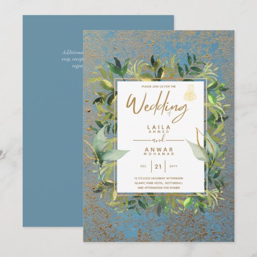 NIKAH - Invitations de mariage islamique d'or bleu (Devant / Derrière)