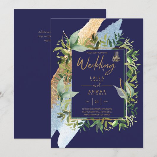 NIKAH - Invitations de mariage islamique d'or bleu (Devant / Derrière)