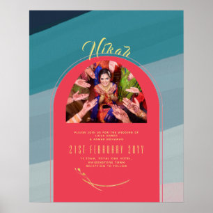 NIKAH Mariage Faire-part Photo or rouge Poster