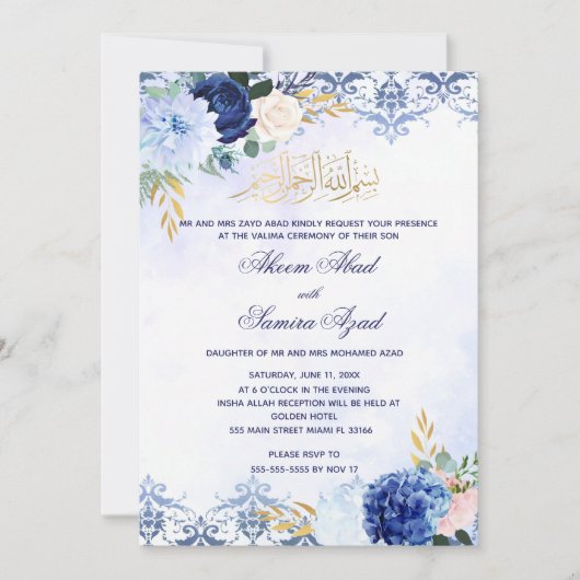 Nikah of Valima Ceremony Invitation Blue Gold Kaart (Voorkant)