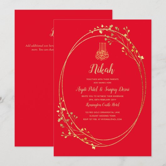 Nikah Red Gold Islam Motif Mariage Invitation (Devant / Derrière)