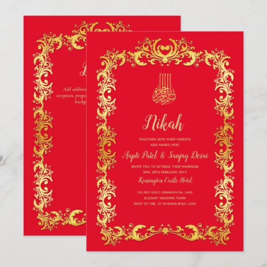 Nikah Red Gold Islamic Motif Wedding Invite Kaart (Voorkant / Achterkant)