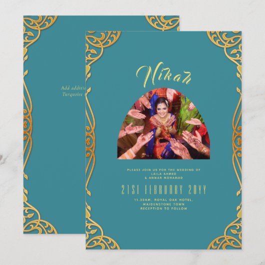 NIKAH Turquoise Gold PHOTO Faire-part de mariage i (Devant / Derrière)