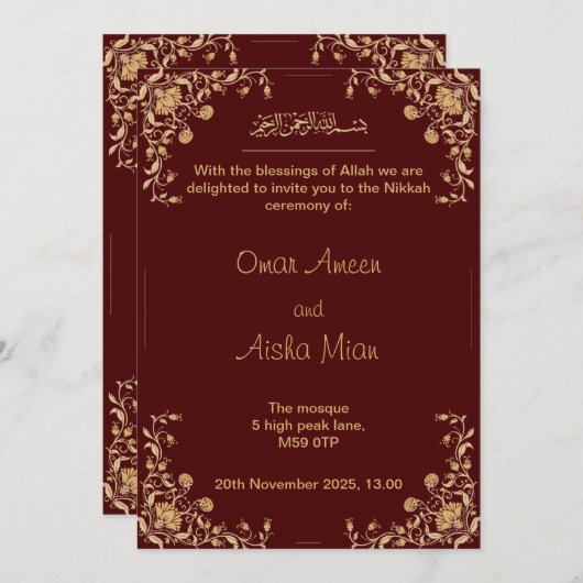 Nikkah bruiloft uitnodigen rood en goud kaart (Voorkant / Achterkant)