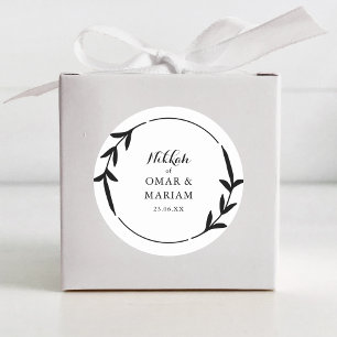 Nikkah Elegante Zwarte & Witte Blad  Kransrand Ronde Sticker