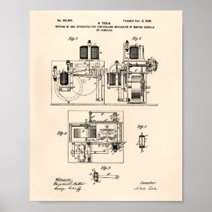 Nikola Tesla 1898 Patent Art - Oude poster