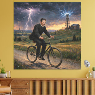 Nikola Tesla rijdt met de fiets naar zijn lab circ Canvas Afdruk