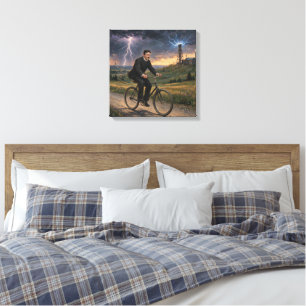 Nikola Tesla rijdt op de fiets naar zijn lab circa Canvas Afdruk