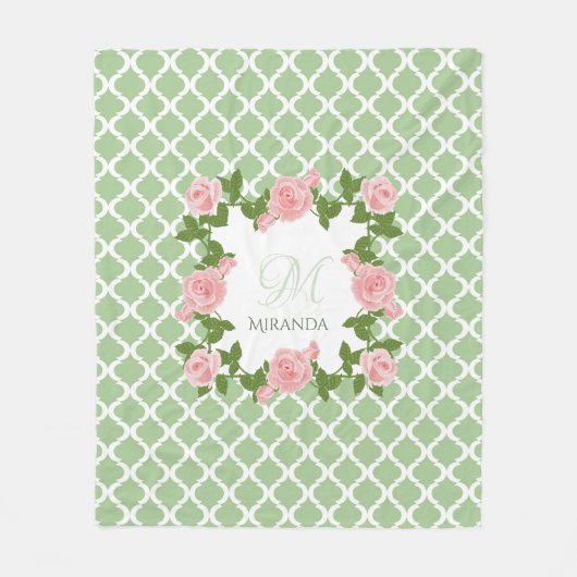 Nile Green Quatrefoil roze roze roze monogram met Fleece Deken (Voorkant)