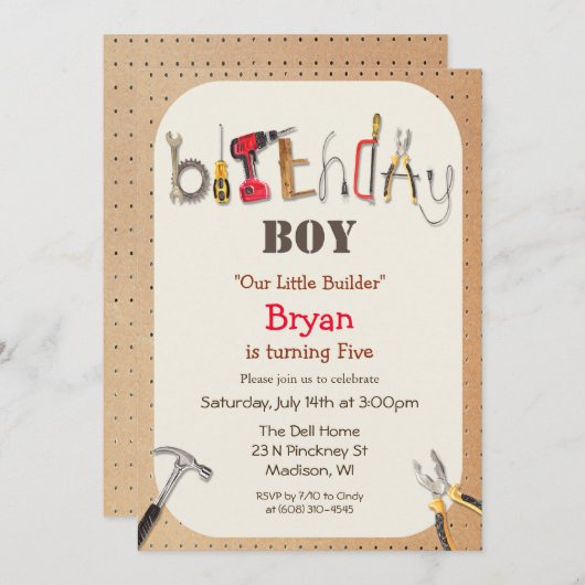 N'IMPORTE QUEL ÂGE - Outil Boy Builder Invitation  (Devant / Derrière)