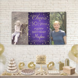 N'IMPORTE QUELLE Oeuvre D'Anniversaire Brossé Purp<br><div class="desc">Celebrate a happy milestone birthday with a custom 2 photo purple and gold party banner. Design objets two images of your choice, modern script calligraphy editable "Cheers to 50 Years" and gold faux foil confeti dots on a purple brushed stainless steel background. Please note that gold is printed color, not...</div>