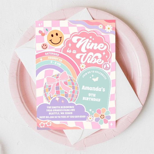 Nine Is A Vibe Groovy Rainbow Disco 9th Birthday  Kaart