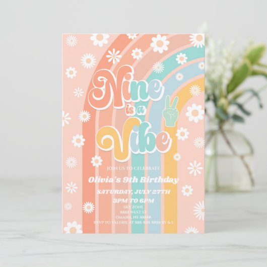 Nine is een vibe Rainbow Daisy 9e verjaardagsfeest Kaart (Staand voorkant)