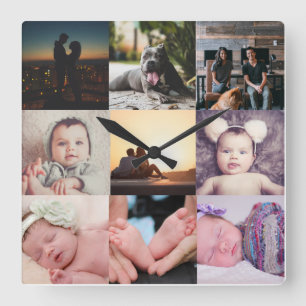 Nine Photo Collage Sjabloon Vierkante Klok