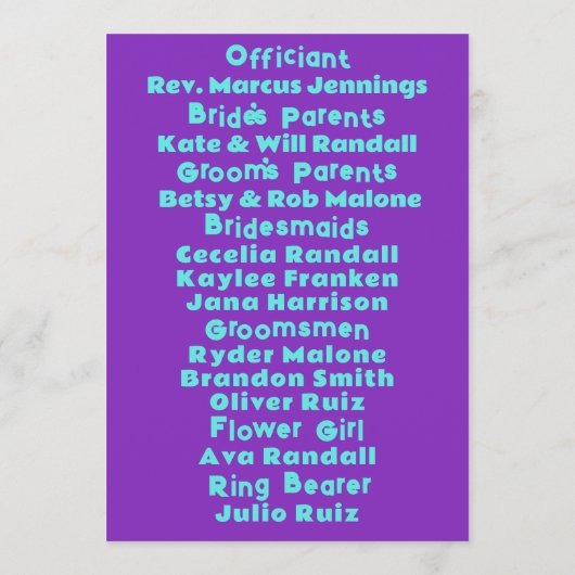 Nineties Paarse op Blauwgroen bruiloft Programma (Achterkant)
