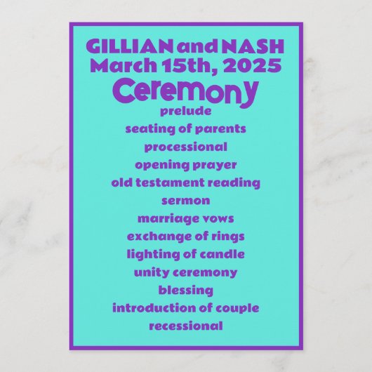 Nineties Paarse op Blauwgroen bruiloft Programma (Voorkant)