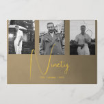Ninetieth 90th Homme Birthday Photo Invitation<br><div class="desc">Une feuille d'or élégante 4 photo mâle 90e invitation anniversaire. Supprimez le mot surprise si cela n'est pas nécessaire. Les images sont facilement remplacées par vos propres images personnelles. Modifiez les informations pour votre propre invitation d'anniversaire personnalisée. L'âge peut aussi être changé à n'importe quel âge, pas seulement quatre-vingt-dix ans....</div>