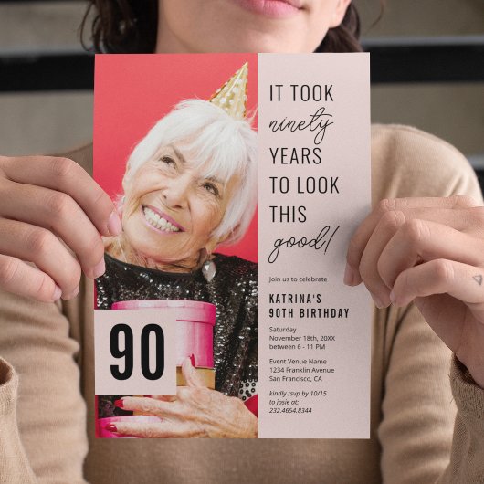 Ninety Modern Photo 90th Birthday Party Invitation