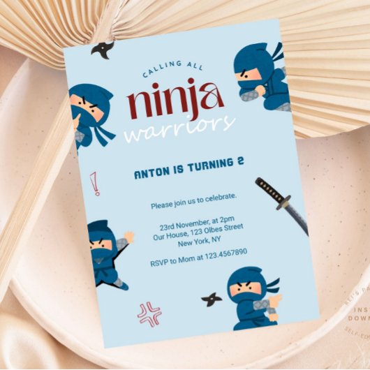 Ninja Birthday Invitation | Blue Ninja Party Kaart