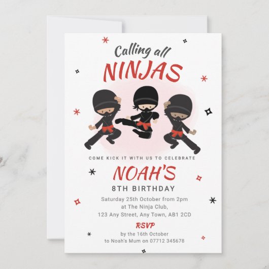 Ninja Birthday Invitation - Red Karate Party Kaart (Voorkant)