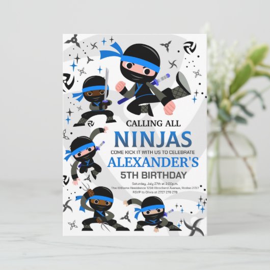Ninja Birthday Party Invitation Karate Party Blue Kaart (Staand voorkant)