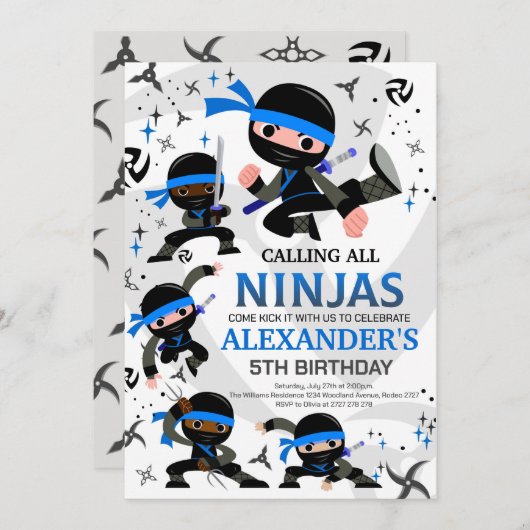 Ninja Birthday Party Invitation Karate Party Blue Kaart (Voorkant / Achterkant)