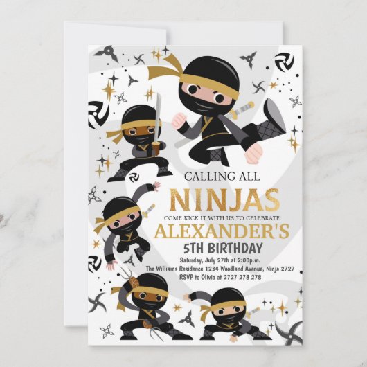 Ninja Birthday Party Invitation Karate Party Gold Kaart (Voorkant)