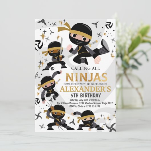 Ninja Birthday Party Invitation Karate Party Gold Kaart (Staand voorkant)