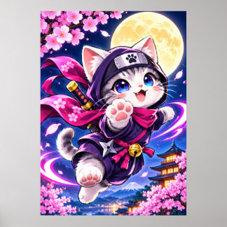 Ninja Cat Kawaii Kitten Japanese Anime Poster