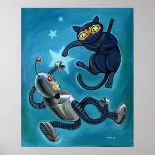 Ninja cat versus Robot Poster