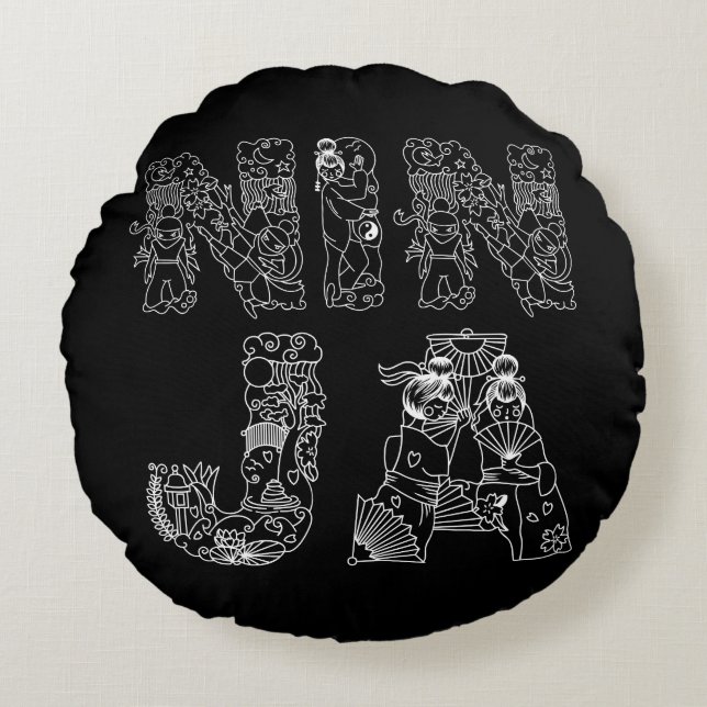 Ninja Cool White Text on Black Rond Kussen (Voorkant)