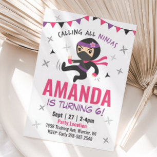 Ninja Girl Verjaardagsuitnodiging, Schattige Roze  Kaart