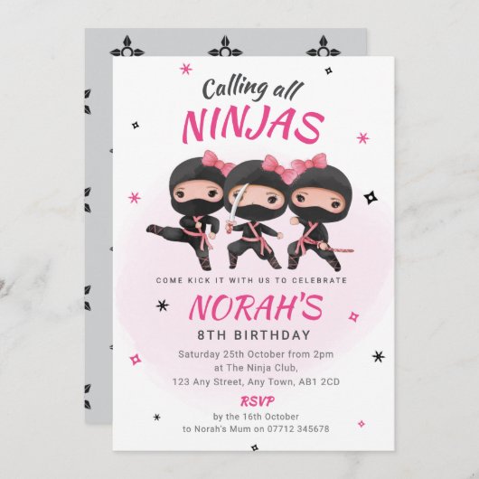 Ninja Invitation Anniversaire Filles roses Karate  (Devant / Derrière)
