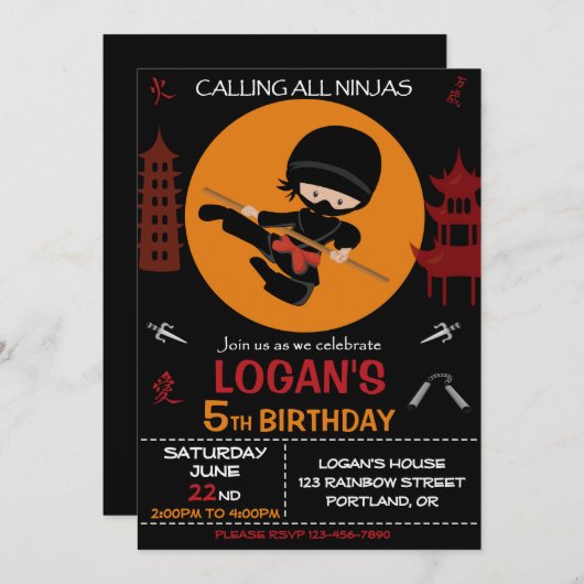 Ninja invitation anniversaire invitation guerrier  (Devant / Derrière)